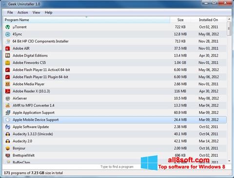 Zrzut ekranu Geek Uninstaller na Windows 8