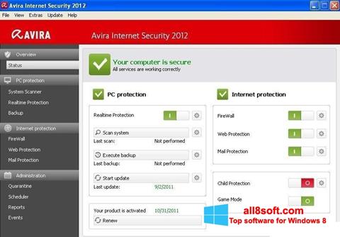 Zrzut ekranu Avira Internet Security na Windows 8