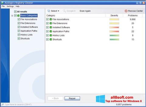 Zrzut ekranu Auslogics Registry Cleaner na Windows 8