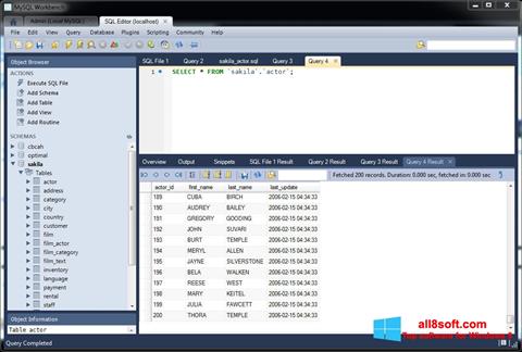 Zrzut ekranu MySQL Workbench na Windows 8